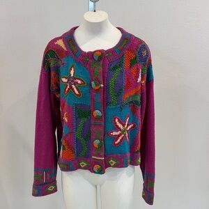 Vintage Hand-Knitted Colorful Cardigan Sweater - Beaded Buttons